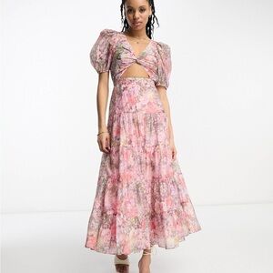 & Other Stories Floral Cutout Puff Sleeve Organza Dress